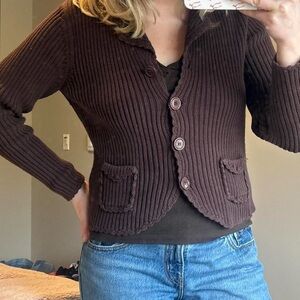 Brown Ribbed Cardigan Sweater